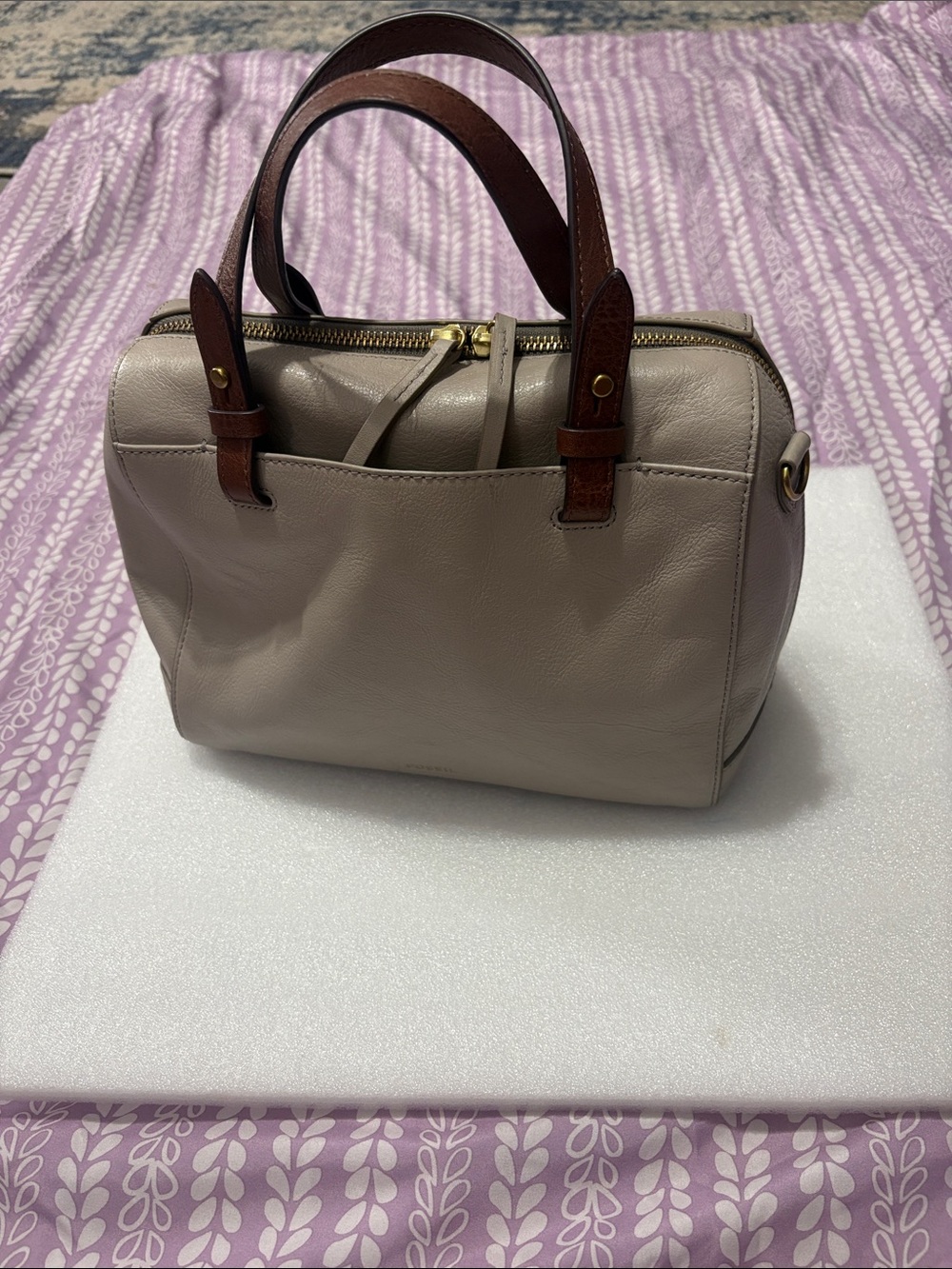 Fossil Taupe Leather Satchel with Brown Handles